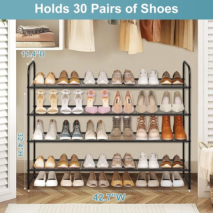 AOODA 4 Tier Long Metal Shoe Rack for Closet Wide Stackable Shoe Storage Organizer for Entryway, Bedroom, Floor, Holds 30 Pairs Men Sneakers Large Boot Shelf with Wire Grid, Black - Image 3