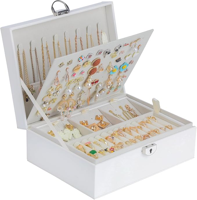 BOOVO Earring Jewelry Box For Women Girl Stud Organizer, 4 Layers Girl Jewelry Organizer Box With Lock Earring Holder Organizer Necklace Ring Jewelry Organizer Box For Girls (White, 4 layer) by BOOVO