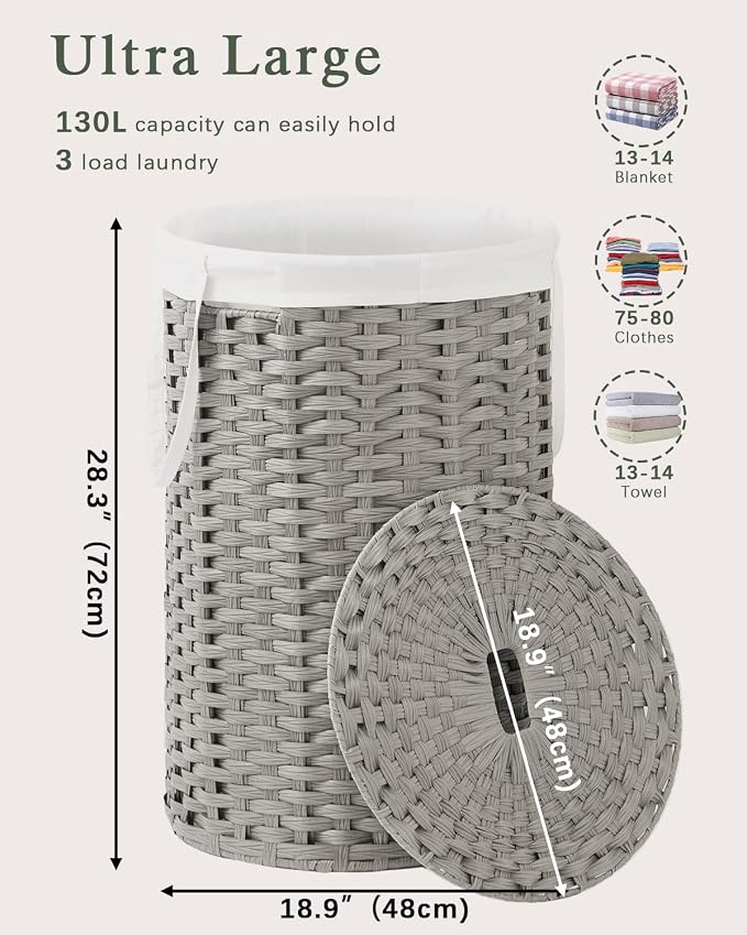 SETVSON Large Laundry Hamper Laundry Basket Round 34.3 Gal (130 L) Handwoven Wicker Laundry Baskets Rattan Laundry Basket with Laundry Bag Handles 2 Mesh Bags for Living Room Bedroom Gray - Image 4