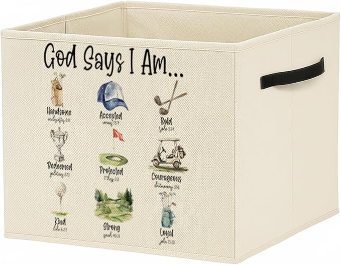 Christian Golf Storage Bin Box with Handles, God Says I Am Bible Verse Golf Foldable Baskets Organizer for Kids Room Nursery Bedroom Bathroom Clothes Toys Books, Toybox for Boys by Unknown