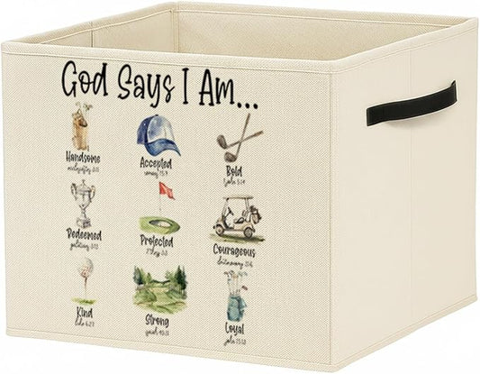 Christian Golf Storage Bin Box with Handles, God Says I Am Bible Verse Golf Foldable Baskets Organizer for Kids Room Nursery Bedroom Bathroom Clothes Toys Books, Toybox for Boys by Unknown