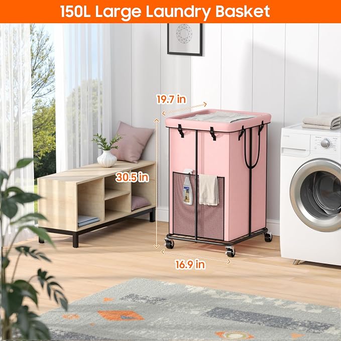 150L Laundry Hamper with Wheels, Rolling Laundry Basket with Metal Frame and Removable Bag, Large & Tall Dirty Clothes Hampers for Bedroom Aesthetic, Laundry Room, Bathroom, Dorm-Pink - Image 2