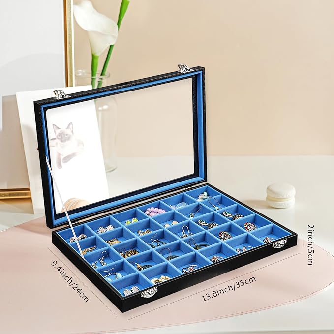 Stratalife Jewelry Holder Organizer Jewelry Drawer Organizer Earring Holder Jewelry Organizer Tray Earring Organizer for Women Girls Anti Tarnish Jewelry Box 30 Grid (Blue Black) - Image 6