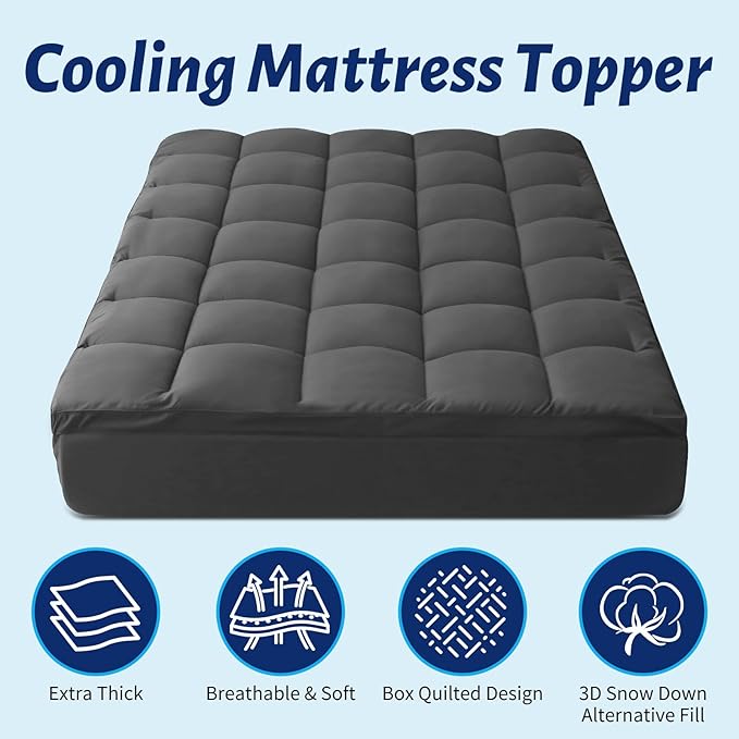 Thick Mattress Topper Queen with Deep Pocket, Extra Pillow Top Mattress Pad, Breathable & Cooling Mattress Cover, Fits 8-21 Inch, Soft Support for Back Pain Relief, Mattress Protector (Queen, Gray)