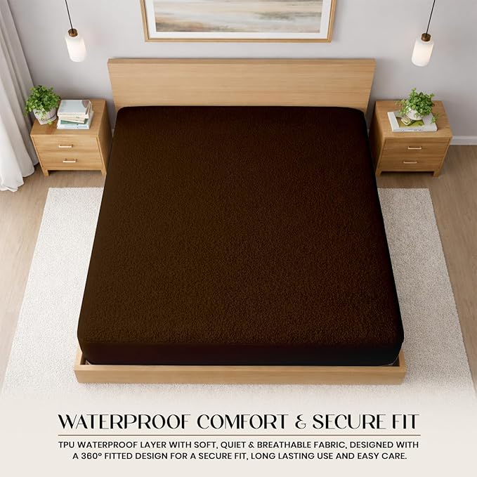 SGI bedding Waterproof 66X80 Olympic/Queen Mattress Protector – 15" Deep Pocket Soft Noiseless & Breathable Fitted Style Bed Cover Skin- Friendly Protection Against Moisture Spills & Stains Chocolate