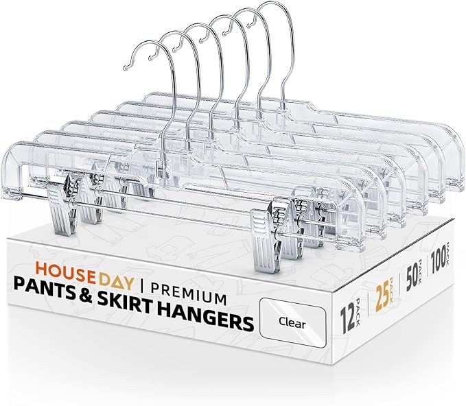 HOUSE DAY Clear Skirt Hangers with Clips, Non-Slip Pants Hangers for Closet, Clip Hanger for Pant, Skirts, Shorts, 14'' Clear Plastic Hanger, Pack of 25 by HOUSEDAY