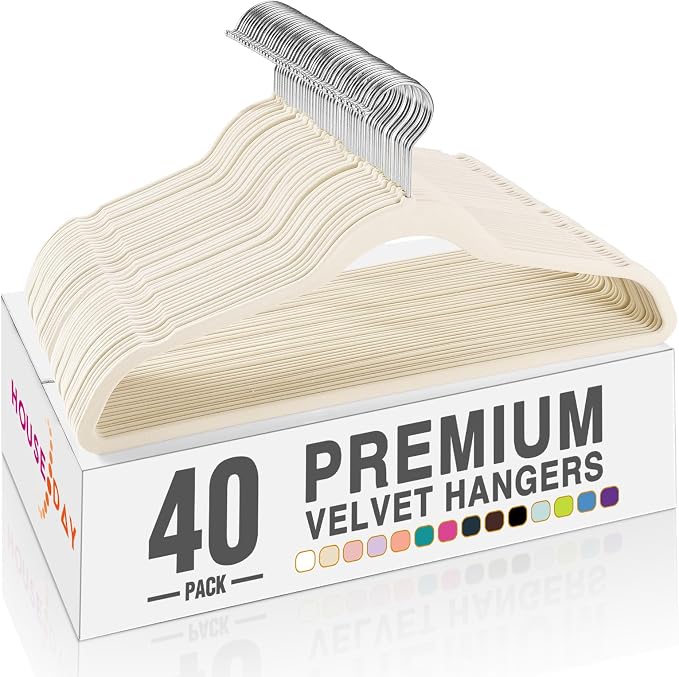 HOUSE DAY Ivory Velvet Hangers 40 Pack, Non Slip Clothes Felt Hanger Heavy Duty for Coat, Premium Slim Space Saving Suit Hangers for Closet Organizer, 360° Rotating Silver Hook by HOUSEDAY