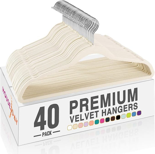 HOUSE DAY Ivory Velvet Hangers 40 Pack, Non Slip Clothes Felt Hanger Heavy Duty for Coat, Premium Slim Space Saving Suit Hangers for Closet Organizer, 360° Rotating Silver Hook by HOUSEDAY