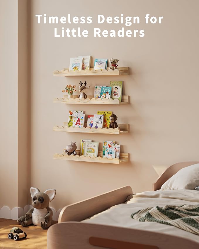 Shario Nursery Book Shelves, 4-Pack Wood Floating Shelves for Wall Kids, Scalloped Shelves, Wall Book Shelves for Bedroom Kids, Toddler Room, Baby Room, Nursery Decor(Wood, 16.5 Inches) - Image 6