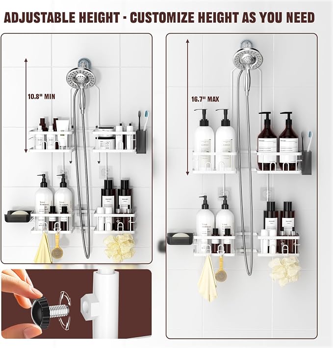 REINHARDT Adjustable Shower Caddy Hanging Rustproof Shower Caddy for Handheld Showerheads, Shower Organizer with Hooks Soap Holder Toothbrush Holder, Anti-Swing Shower Rack Bathroom Accessories, White - Image 2