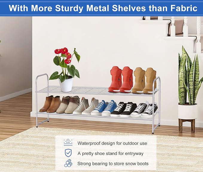 KEETDY 2-Tier Long Shoe Rack for Closet Shoe Organizer for Entryway, Metal Stackable Shoe Storage Shelf for 18 Pairs Sneakers with Strong Wire Grid, Gray - Image 3