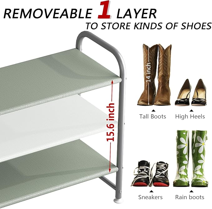 INGIORDAR Shoe Rack 3 Tier Long Storage Organizer Wide Metal Shoe Shelf for Closet Entryway Grey - Image 5