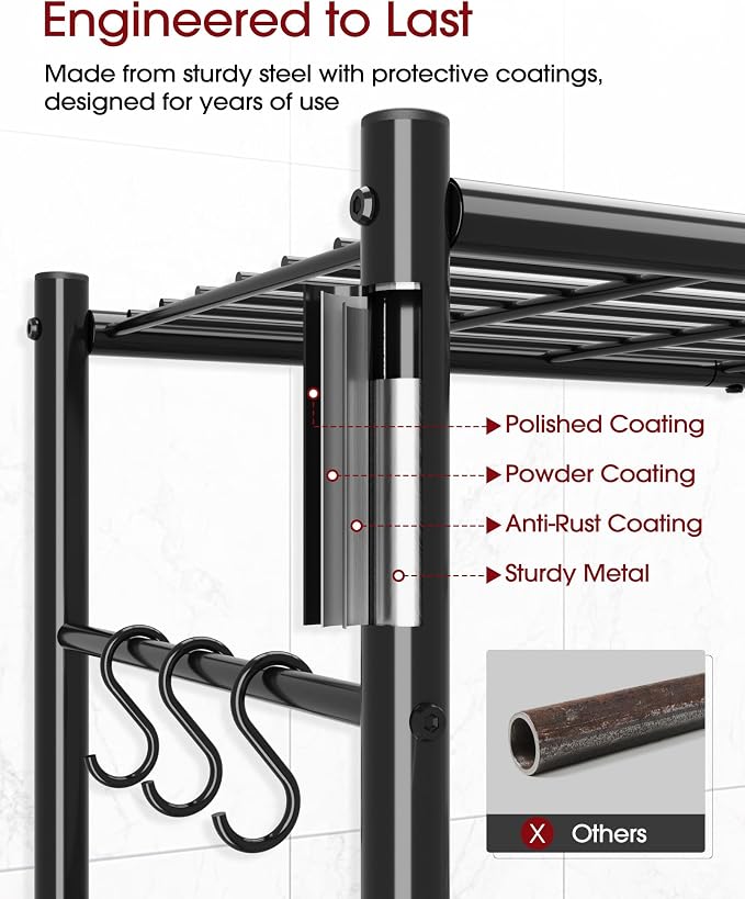 Sakugi Storage Shelves - 4-Tier Spacious Shelf Organizer with Hooks & Leveling Feet, Easy to Assemble, Rust-Resistant Garage Shelving for Kitchen, Pantry, Bedroom, 33.2" x 12.7" x 57.3", Black - Image 4