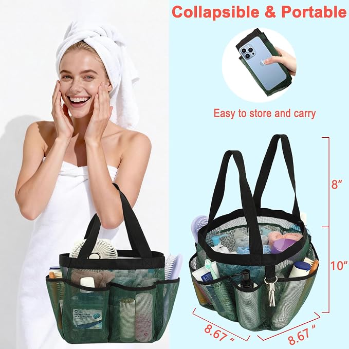 Fammart Mesh Shower Caddy Portable for College Dorm Room Essentials, 8-Pocket Large Shower Basket Tote Bag with 2 Handles for Toiletry, Bathroom, Beach, Camp, Gym - Image 2