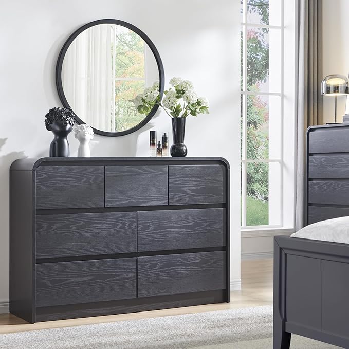 Aitjunz Modern 7 Drawers Dresser for Bedroom, 47" Wide Wood Dressers & Chests of Drawers w/Curved Profile Design, Mid Century Modern Dresser w/Natural Texture for Bedroom, Living Room, Black