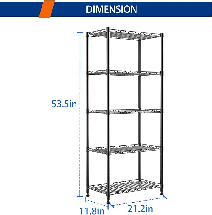 REGILLER 5-Wire Shelving Metal Storage Rack Adjustable Shelves,Standing Storage Shelf Units for Laundry Bathroom Kitchen Pantry Closet(Black,11.8" D x 21.2" W x 53.5" H) - Image 3