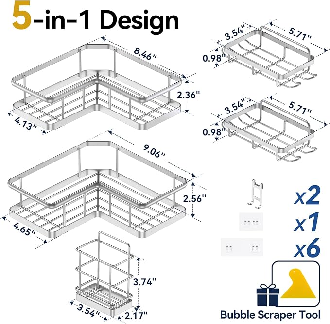 YASONIC Corner Shower Caddy Organizer, 5-Pack Self-Adhesive Rustproof Bath Shelves with Soap Holder & 4 Hooks, Large Capacity Shower Storage Rack for Bathroom Organization, Silver - Image 7