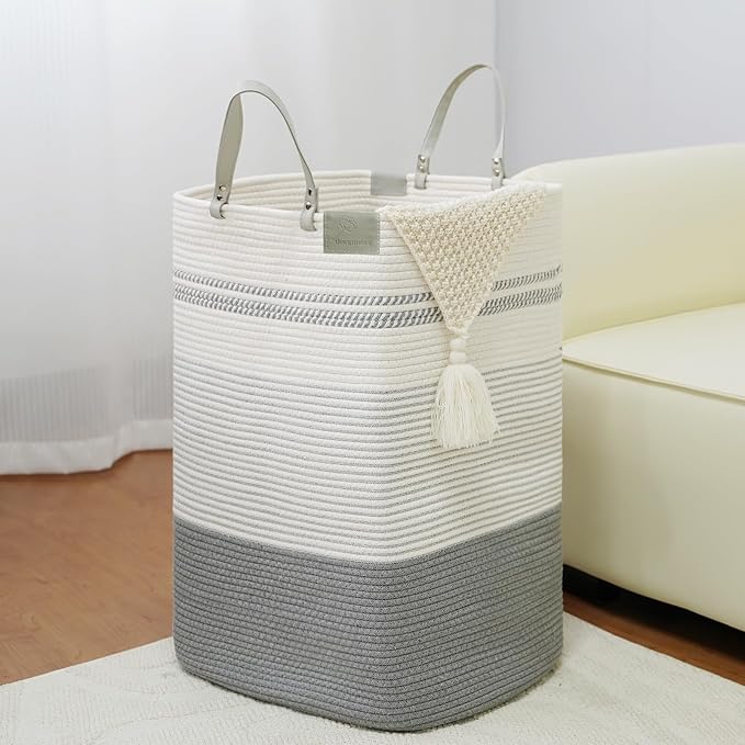 danpinera 75L Woven Laundry Hamper with Long Leather Handles, Baby Laundry Basket for Nursery, Tall Hampers for Bedroom Aesthetic, Decorative Clothes Storage Basket for Family White & Gray by danpinera