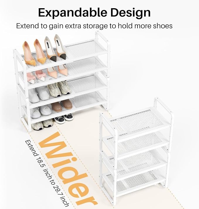SNTD Shoe Rack - Expandable Shoe Organizer for Closet, Adjustable Metal Shoe Shelf Storage, Stackable Long Shoe Stand Holder for Garage, Entryway, Door Entrance (White, 4-Tier) - Image 4