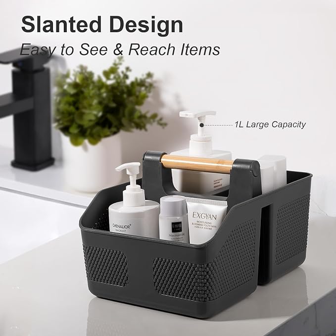 rejomiik Shower Caddy Portable with Bamboo Handle, Plastic Basket Cleaning Caddy Organizer Storage Tote for Bathroom, College, Dorm Room Essentials, Dark Gray - Image 3