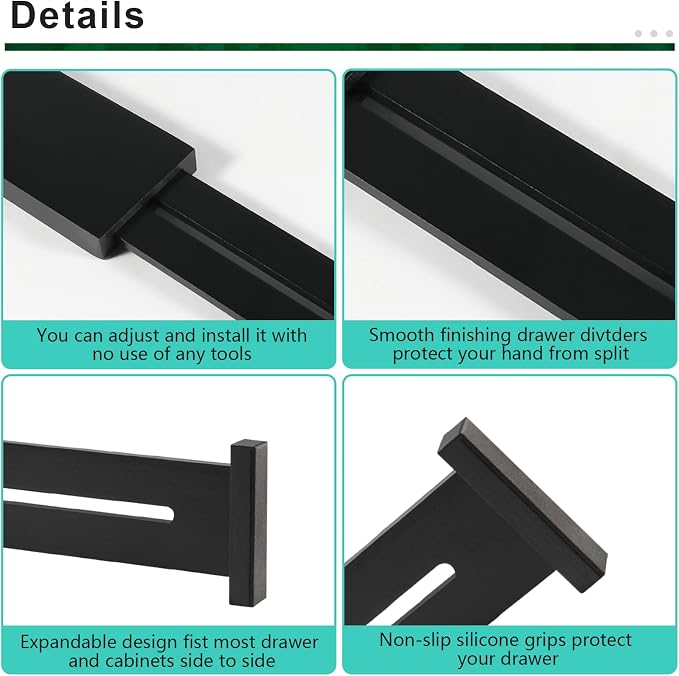 4 Pack Bamboo Drawer Dividers 2.6" High, Adjustable Length from 12 Inch to 17 Inch, Expandable Kitchen Drawer Organizer Separators for Clothes, Kitchen, Bedroom, Dresser, Office (Black) - Image 6
