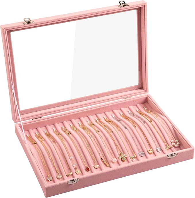 Frebeauty 15 Hooks Necklace Tray Velvet Neckalce Organizer with Clear Lid Lockable Necklace Holder Box Jewelry Organizer for Pendants Chains Necklace Jeweley Tray for Women Girls(Pink) by Frebeauty