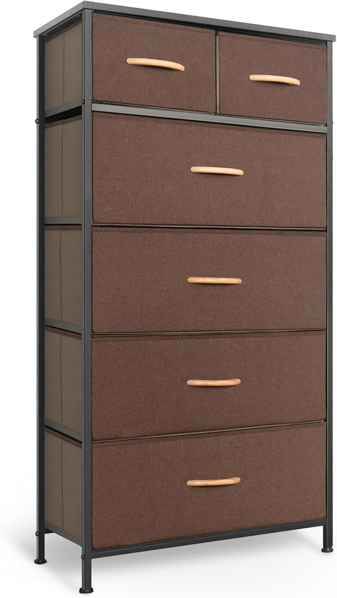 Mifuro Tall Dresser for Bedroom, Vertical Storage Organizer Tower with 6 Drawers, Chest of Drawers with Fabric Bins, Steel Frame, Wood Top for Bedroom, Closet, Entryway- Brown by MifuroOfficeProduct