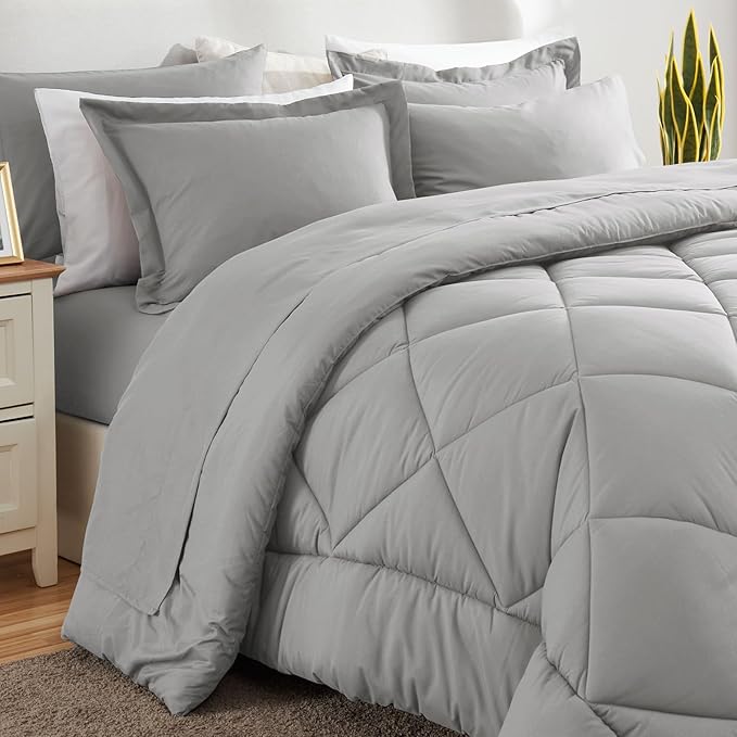 CozyLux Oversized Queen Comforter Set Light Grey, 7 Pieces Bed in a Bag Comforter Set with Sheets Luxury Bed Set All Seasons, Bedding Set with Down Alternative Comforter, Sheets, Pillowcases & Shams