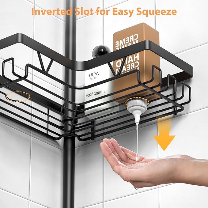 KEGII Black Shower Caddy Tension Pole with 2 Towel Bars, Adjustable Corner Bathroom Organizer, Rustproof Bathtub Storage Shelves for Shampoo, 25–114.2 Inch Shower Corner Rack for Renters & Family - Image 5