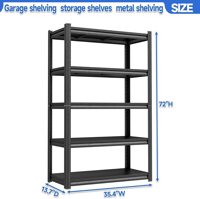 72"H Garage Shelving Unit 3000LBS Storage Shelves heavy duty 5 tier Metal Shelving adjustable storage rack for Basement, Warehouse, Pantry, Closet, Kitchen 72" H x 35.4" W x 13.8" D, Black - Image 2