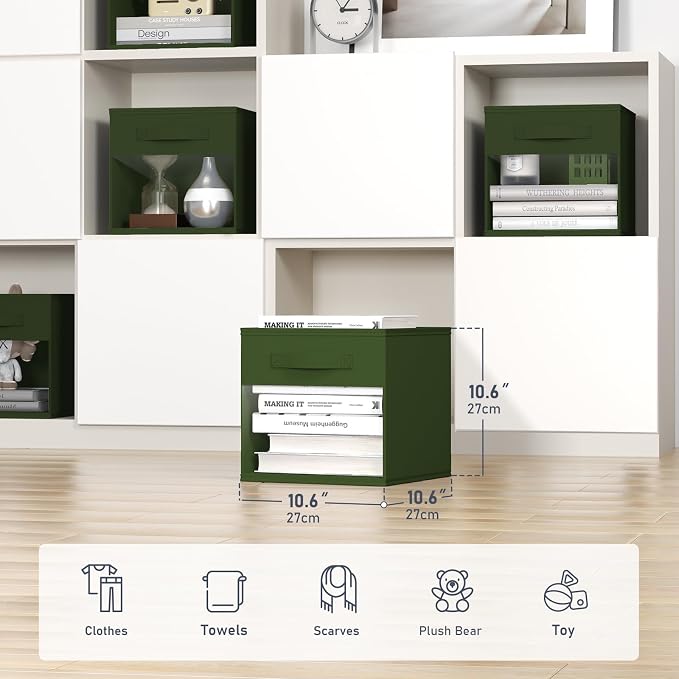 DIMJ Storage Cubes, Cube Storage Bin, 6 Pack Foldable Baskets with Window, Closet Storage Bins with Handle, 11x 11 inch Storage Cubes for Clothes, Toys, Books (Green) - Image 2
