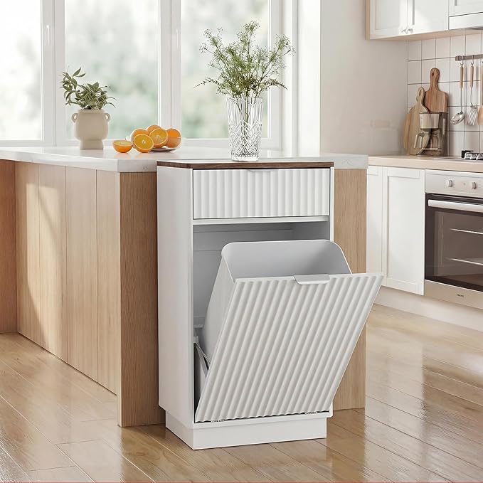 Tilt-Out Trash Cabinet, White Laundry Hamper Cabinet with Black Top, 34.3 x 19 x 13.8 inches, 10 Gallon Capacity, Wave-Textured Front, Storage Drawer. - Image 7