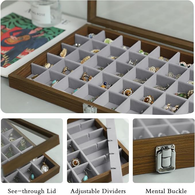 Stratalife Wood Jewelry Organizer Jewelry Tray 40 Grid Jewelry Holder Organizer Jewelry Box Jewelry Tray with Lid Earring Organizer Jewelry Storage Jewelry Trays for Drawers Vintage Style - Image 2