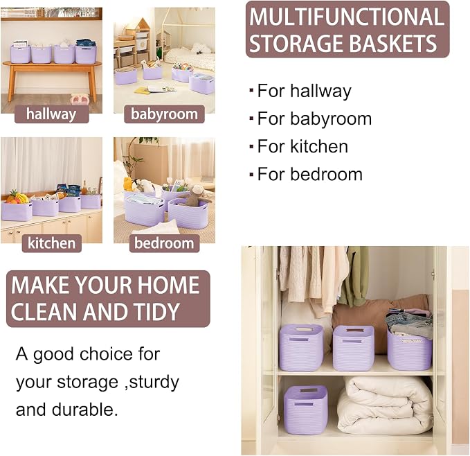 OIAHOMY 4 Pack Storage Baskets for Organizing, Cube Storage Bins for Shelves, Rectangle Storage Baskets With Handles, Woven Baskets for Storage, 12.7''Lx9''Wx7.8''H, Purple - Image 6