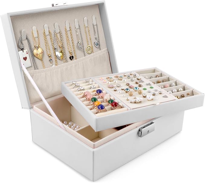 Homeanda Jewelry box 2 layer Jewelry box Leather Jewelry boxes for Women Girls Teens Jewelry organizer box Jewelry Storage box with lock(White) by Homeanda