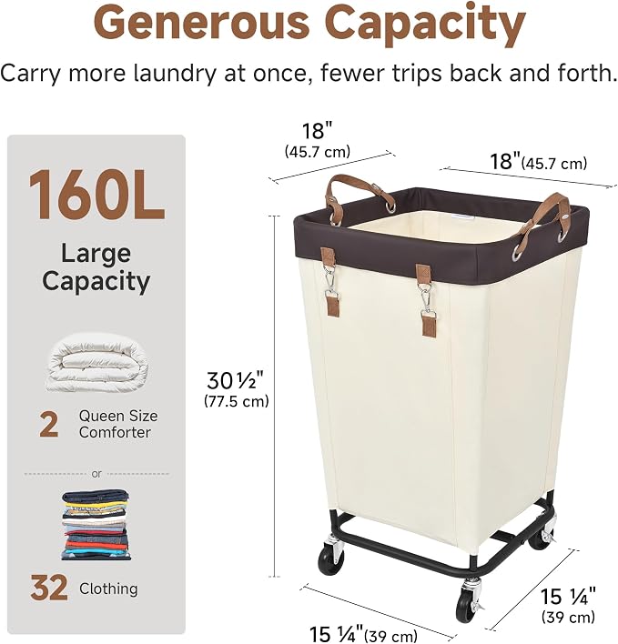 StorageWorks 160L Laundry Basket with Wheels, Large Rolling Hampers for Clothing Organizer, Dirty Clothes Basket for Hotel, Home, Closet, Dorm, Beige - Image 3