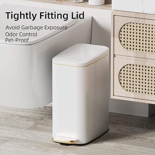 KUK Slim Bathroom Trash Can with Lid, 1.6 Gal / 6L Stainless Steel Small Garbage Bin with Detachable Inner Bucket, Step Pedal, Silent Close, Wastebasket for Toilet, Bedroom, Home, Office (White) - Image 2
