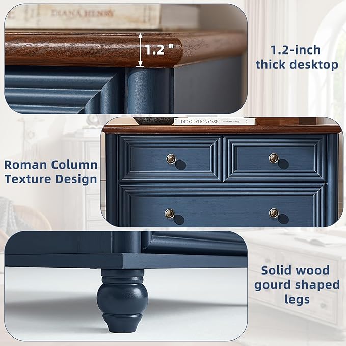 RWYHG Farmhouse 6 Drawer Dresser, Blue Chest of Drawers, 43.5" Tall Dressers for Bedroom with Roman Column and Metal Handles, Rustic Wood Storage Organizer for Living Room, Hallway, Closet