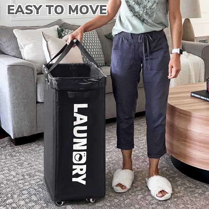 CHICVITA Laundry Hamper with Wheels & Removable Wash Bags -2 Pack, 75L Tall Laundry Basket for Dorms, Large Collapsible Hamper for Corner Spaces - Black - Image 6