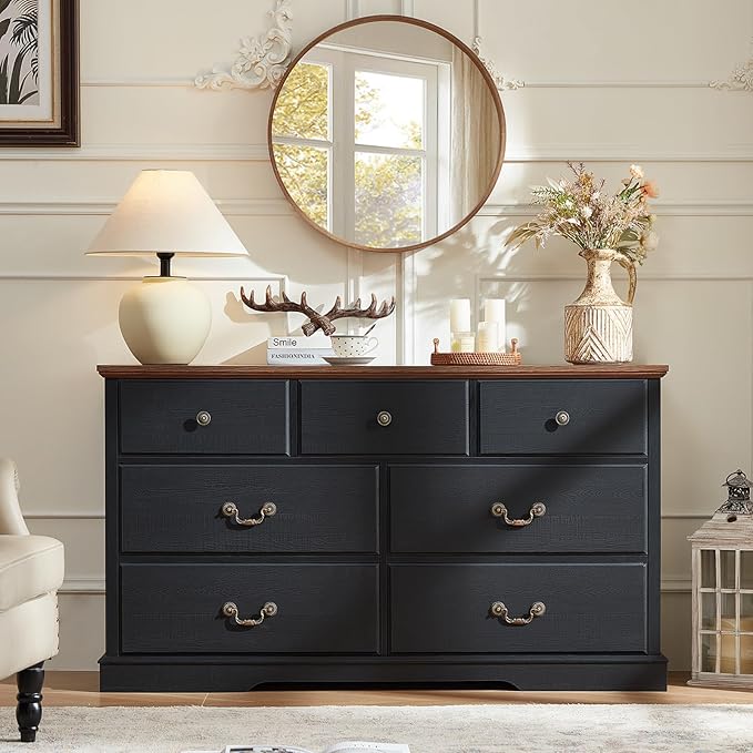 Farmhouse Dressers & Night Stand Set of 3,54" Wide 7 Drawer Dresser,18" Wide 2 Drawers End Table with Charging Station Set of 2,Furniture Dresser Sets for Home Black