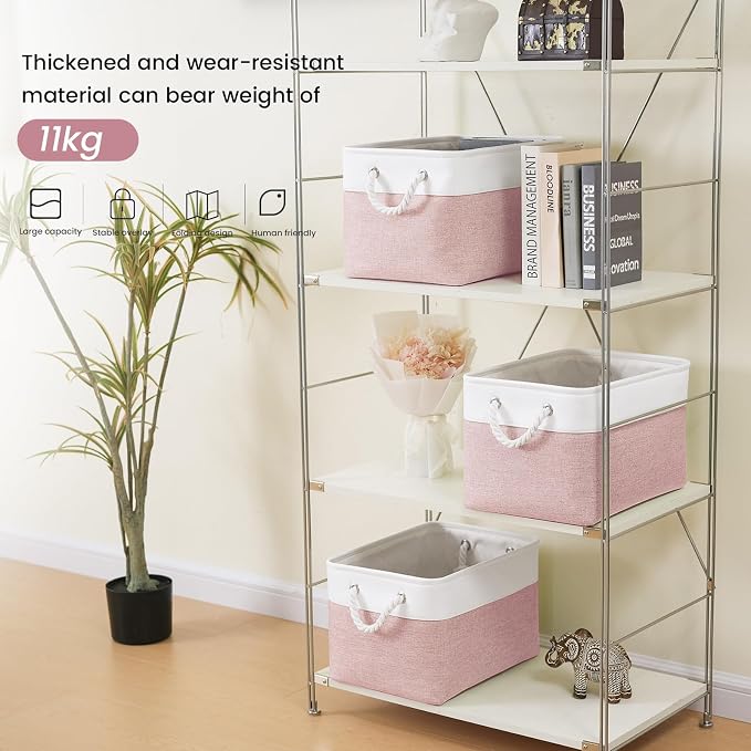 Large Storage Baskets- 15x11x10 inch Storage Bins for Shelves and Closet Organizing, Foldable Fabric Bin for Home Organization Clothes and Laundry (3-Pack, White&Pink) - Image 3
