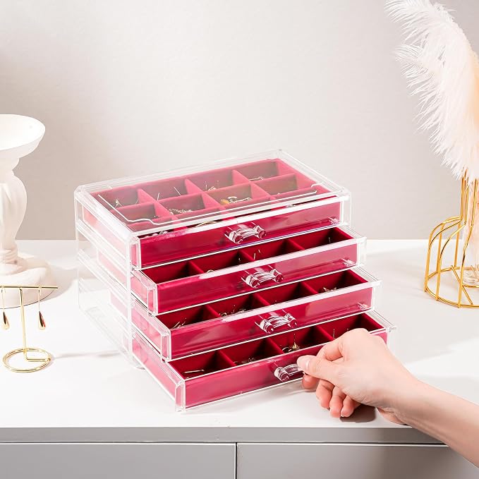 Lolalet Earring Holder Organizer Box Jewelry Storage with 4 Drawers, Clear Acrylic Stackable Earring Case with Adjustable Velvet Trays for Women on Dresser Vanity -Red, 4 Layers - Image 6
