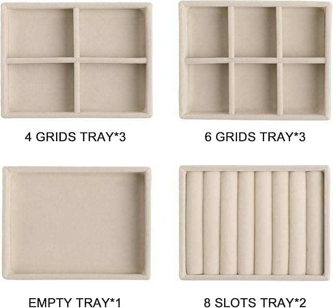 Frebeauty Small Jewelry Tray Set,Stackable Velvet Jewelry Organizer Tray,Mini Jewelry Drawer Organizer,Drawer Inserts,4.92 x 3.74 x 0.9 Inches,Earring Organizer for Women(Set 9,Beige) - Image 2