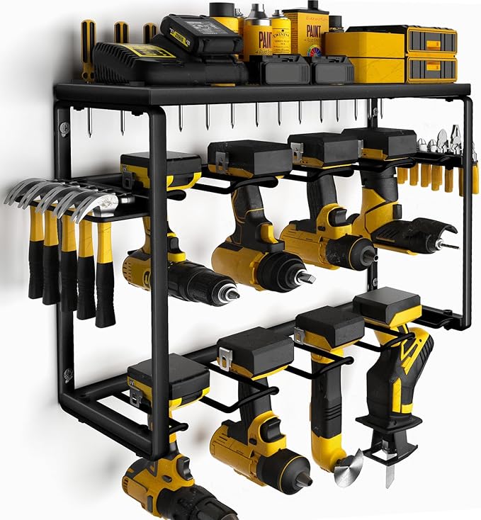 Spampur Power Tool Organizer, 8 Drill Holders Wall Mount, 3 Layer Heavy Duty Metal Storage for Garage Organization, Tools Storage with Hooks, Screwdriver Hammer Holder, Father's Day Mens Birthday Gift by Spampur