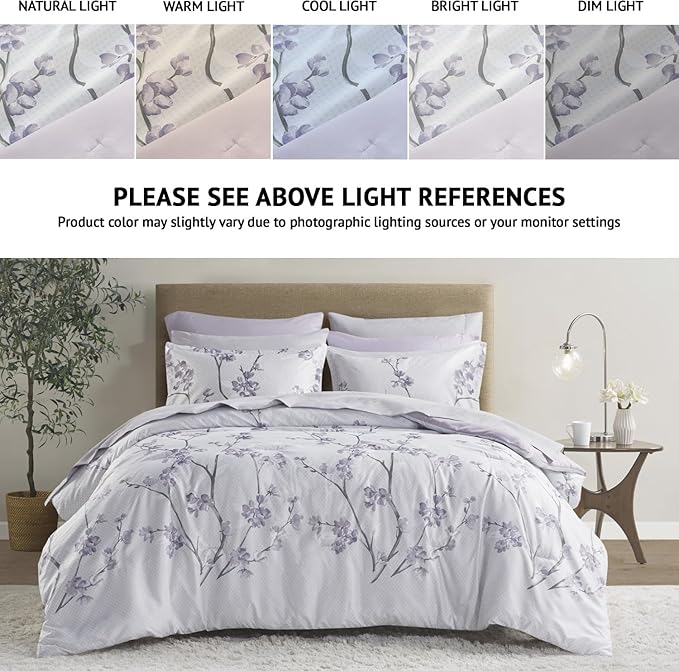 Comfort Spaces Bed in A Bag - Trendy Casual Design Cozy Comforter with Complete Sheet Set with Side Pocket, All Season Cover, Matching Shams King(104"x90"), Kate, Grey/Purple 9 Piece