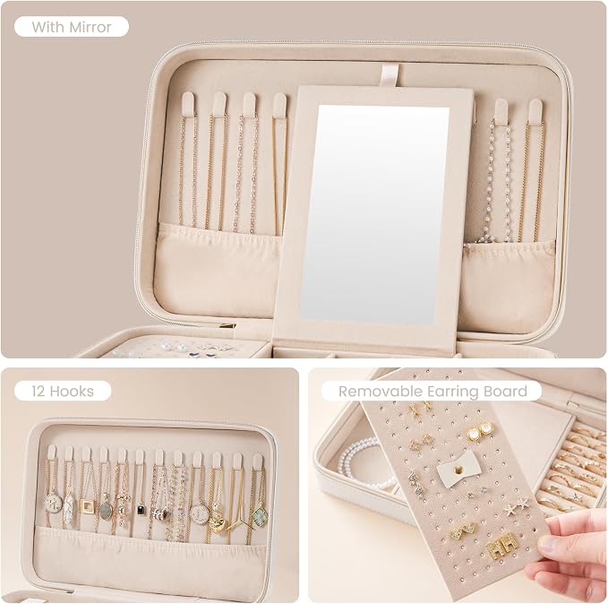 Lolalet Travel Jewelry Case for Women Girls, Travel Jewelry Organizer Box with Mirror & Clear Storage Bag, Small Portable Earring Necklace Bracelet Ring Case, Birthday Valentine Gifts -Large, White - Image 5