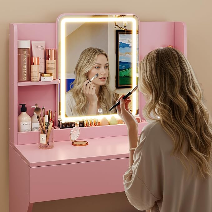 Driftalia Small Vanity Desk with Mirror and Lights, Makeup Vanity with Storage Drawer, 2 Shelves and 3 Compartments - Pink