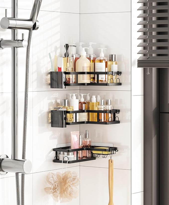 3 Pack Corner Shower Caddy Organizer, Rustproof Corner Shower Shelves, No Drilling Bathroom Corner Shelf with Hooks and Toothpaste Holder - Image 6