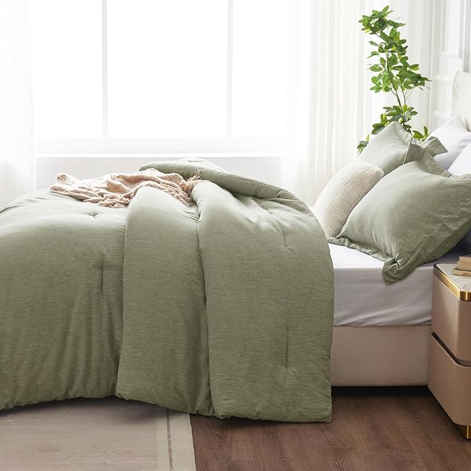 CozyLux King Size Comforter Set - 3 Pieces Olive Green Soft Luxury Cationic Dyeing Bedding Comforter for All Season, Breathable Lightweight Fluffy Boho Bed Sets with 1 Comforter and 2 Pillow Shams