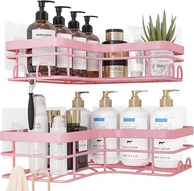Sakugi Corner Shower Caddy - 2 Pack, Adhesive Shower Organizers, Rustproof Stainless Steel Shower Shelves with 8 Hooks, No Drilling Bathroom Organizers and Storage Racks, Space-Saving, Pink, X-Large - Image 2